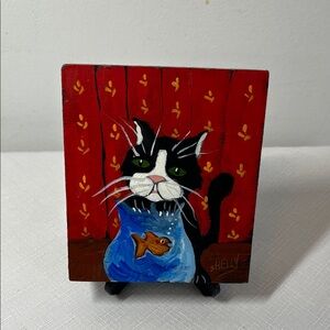 Vintage Cat Painting with Red and Blue Accents and black stand. Handmade